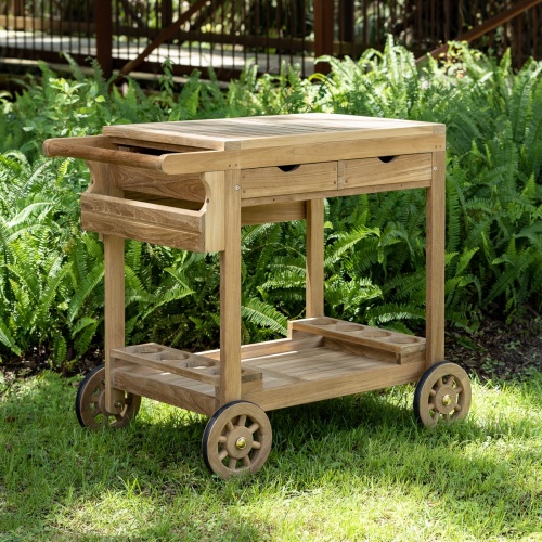17105 Alicante teak Trolley Cart on grass with shrubs in background
