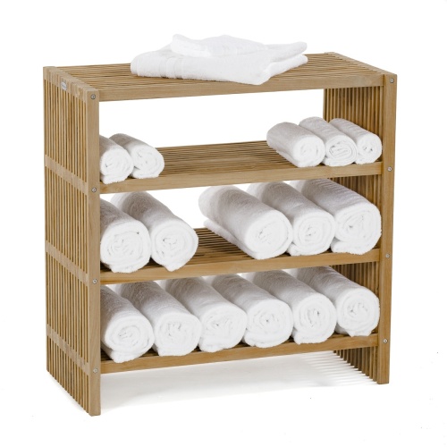 18220 Teak Storage Shelf with towels rolled up on 3 shelves and open white towel on top on white background