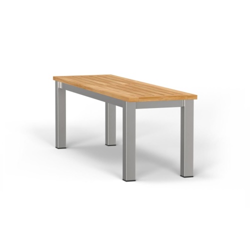 23940 Vogue teak and stainless steel 4 foot backless bench angled end view on white background
