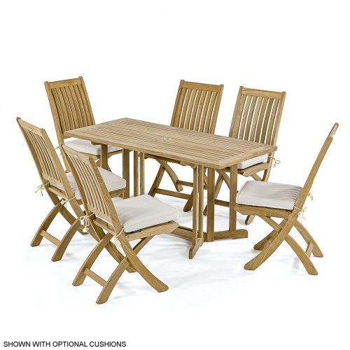 70039 Nevis Barbuda 7 piece Dining Set of 6 teak folding side chairs and a folding 5 foot long rectangular dining table with optional canvas colored cushions angled on white background
