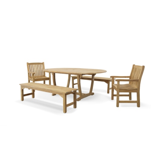70077 Martinique Veranda Bench and Chair Set of oval extendable teak table and 2 teak armchairs and two 5 foot backless benches side angled on white background