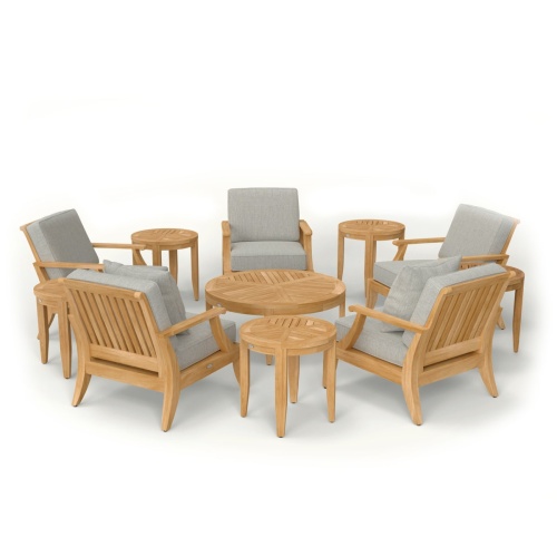 70106 Laguna 11 piece Lounge Set of 5 Laguna Lounge Chairs and 5 Teak Side Tables in a circle and Round Teak Coffee Table in the center in angled aerial view on white background