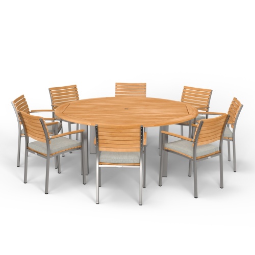 70111 Vogue teak and stainless steel 9 piece72 inch round Dining Set of 8 dining armchairs with optional seat cushions and 72 inch round table in angled side view on white background