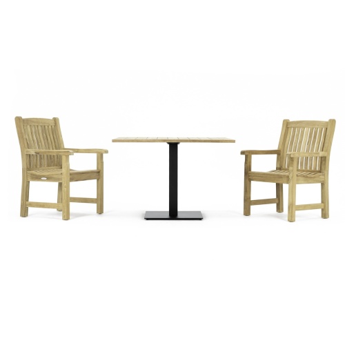 70219  Veranda 3 pc Teak Bistro Set of a Teak 42 Inch  Square Table and 2 Veranda Teak Dining Armchairs in side view on white background