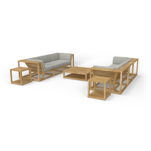 70234 Maya 7 pc Twin Sofa Set of Maya 2 Corner Sectionals and a Left and Right Side Sectionals and 2 End Tables and a Coffee Table in angled end view on white background 