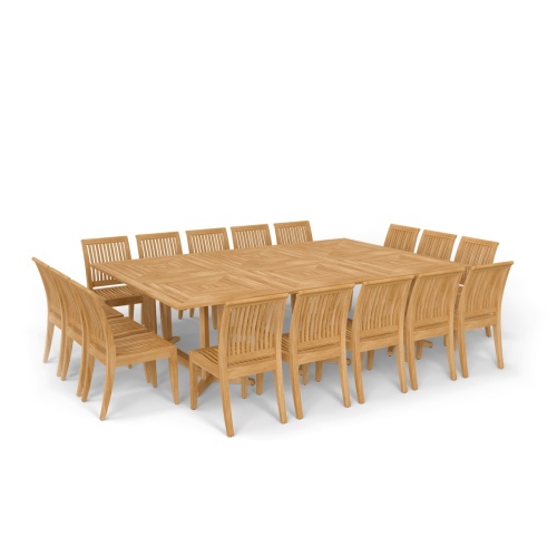 70288 Pyramid Teak Dining Set for 16 showing 3 Pyramid 72 inch Rectangular Dining Tables and 16 Laguna Teak Side Chairs in angled side view on white background