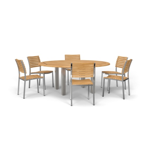 70428 Vogue 7pc Round Dining Set of Vogue 6 ft Round DIning Table and 6 Vogue Side Chairs in angled side view on white background