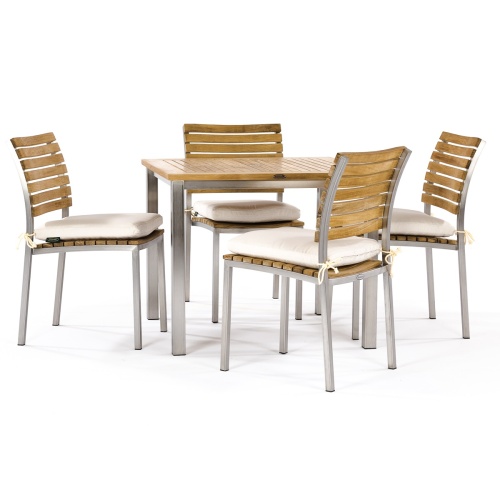 70443 Vogue 5 piece Bistro Square Dining Set of Vogue Teak and Stainless Steel 36 inch Square Dining Table and 4 Side Chairs with optional canvas colored seat cushions in angled side view on white background   