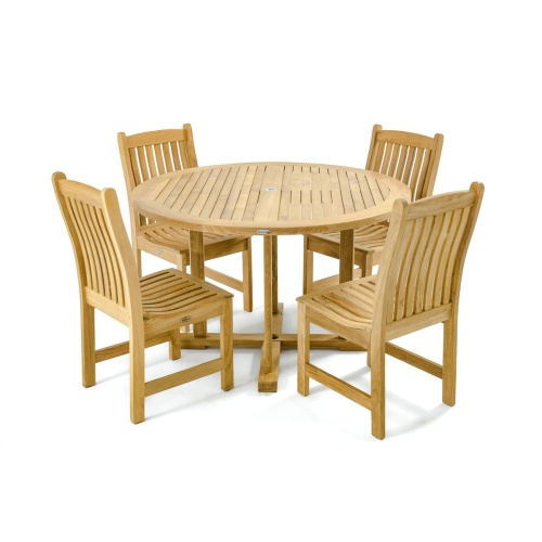 70484 Veranda 4 foot round Dining Set of 4 teak side chairs and 4 foot round teak dining table on white background