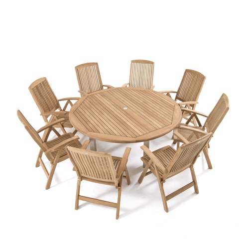 70485 Vogue Reclining Dining Set for 8 of a Vogue 72 inch Teak Round Table and 8 Barbuda Reclining Teak Chairs in angled aerial view on a white background