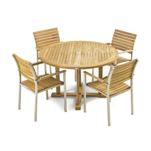70491 Vogue 48 inch Dining Set of Round 48 inch teak Table and 4 Vogue Teak and Stainless Steel Armchairs angled top view on a white background 