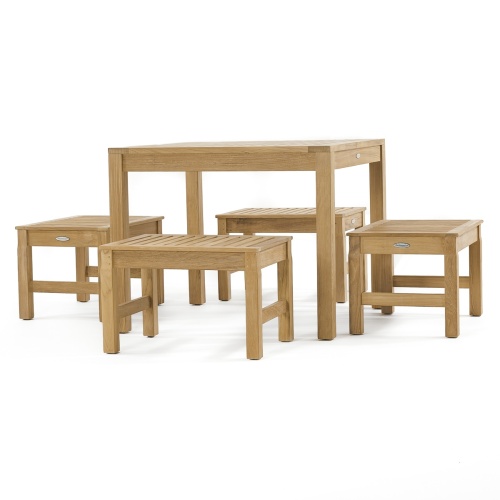 70520 Brunswick 5 piece Cafe Set of 4 teak 24 inch long stools side and 36 inch square teak table side view on white background