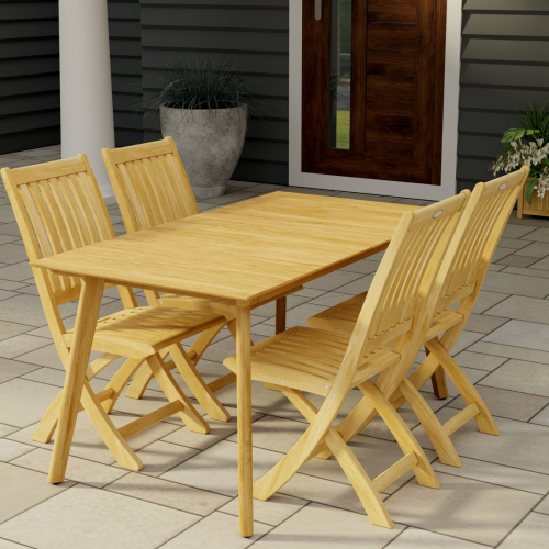70562 Surf Barbuda Teak 5 pc Dining Set angled side view on patio with 2 potted plants and a white column and a door of house in the background