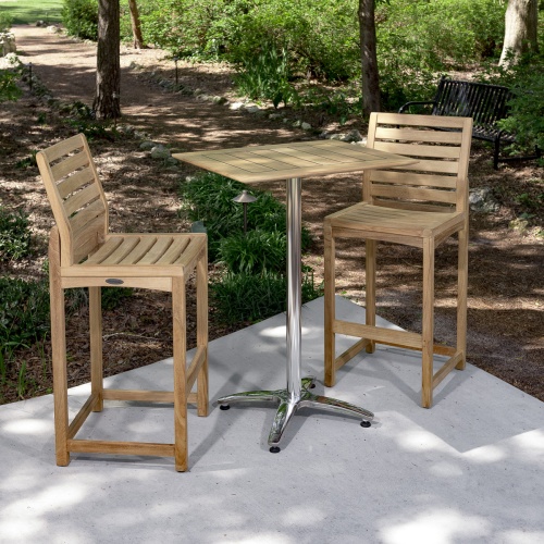 70676 Somerset 3 piece teak and stainless steel Rectangular Barstool Bar Set of 2 teak barstools and a teak and stainless steel rectangular bar table on white background