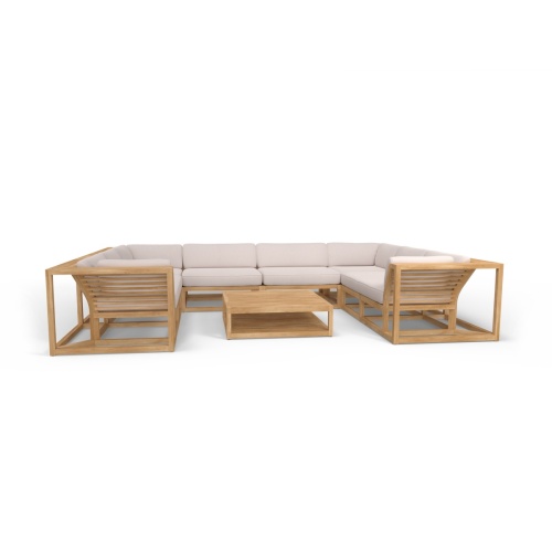 70754 maya seven piece lounge teak set of a Left and Right Sectional and 2 Slipper Chairs and 2 Corner pcs and Ottoman Coffee Table in angled front view on white background