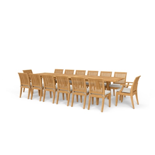70809 Grand Laguna 15 pc Teak Dining Set of a Grand Laguna Teak 11 ft Table and 2 Dining Armchairs and 12 Side Chairs in angled side view on white background