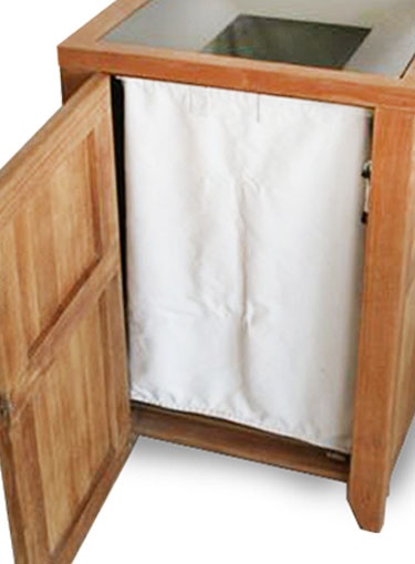 78165CV Laundry Bag Retrofit for Teak Palazzo Series Receptacles with side door open on white background