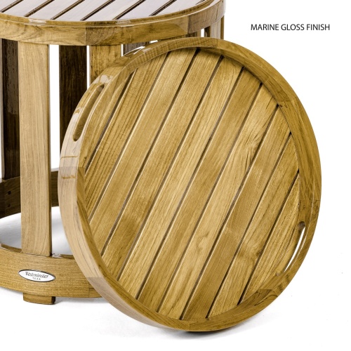 14170TO Kafelonia teak Round Tray leaning up against table base on white background