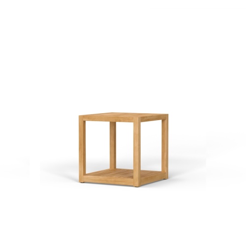 14800 Maya Teak Side Table on area rug on outdoor terrace with black bowl on top showing a potted plant and ocean in background