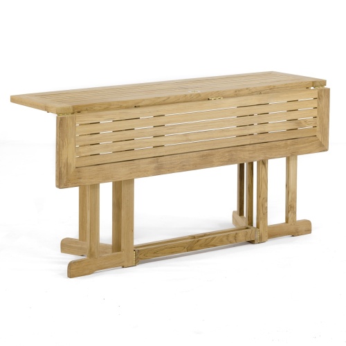 15663S Nevis teak 5 foot long folding Dining Table angled view end of table with one side down on white background