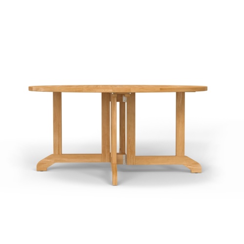 15867 Barbuda 5 Foot Folding Round Table with vase and 2 glasses on patio with glass door of house in the background