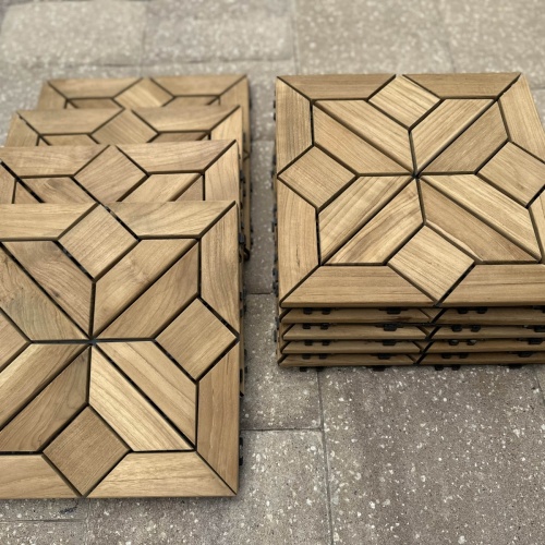 18171 One Carton Fez Teak Tiles showing 4 tiles fanned out and 5 tiles stacked on concrete background