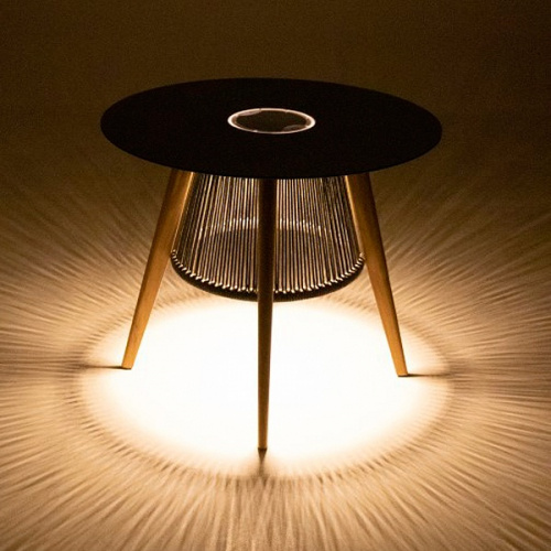 45103 Luna Small 30 inch round Table showing light reflecting from bottom in angled side view on white background