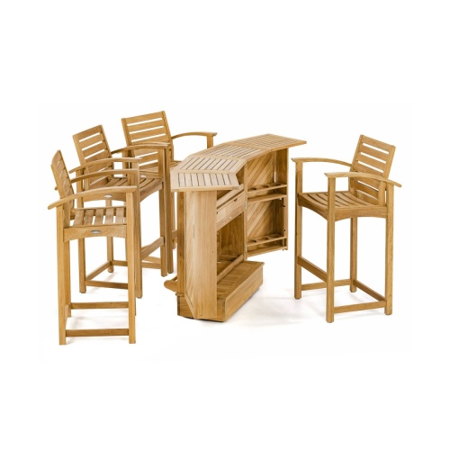 70072 somerset teak bar and four stools set opened side view on white background