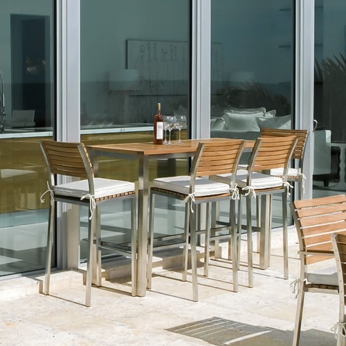 70076 Vogue 5 piece Rectangular Bar Set against a wall of windows with wine bottle and 2 wine glasses on table optional seat cushions on an outdoor stone patio