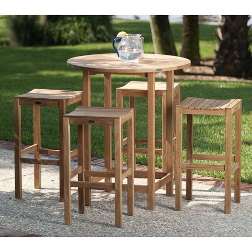 70083 Somerset 5 piece backless bar set on stone patio showing pitcher of water with slice of lemon with green grass and landscaped trees in background 