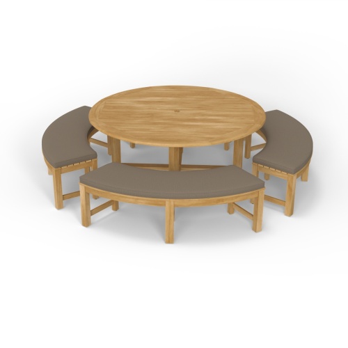 70090 Buckingham Picnic Dining Set showing Buckingham Round Table and 4 Backless Curved Benches with optional seat cushions on patio with water views and trees in background