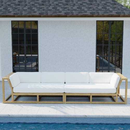 70278  Maya Grand Sofa Set of Maya Left and Right Side Sectional in front view on a patio facing a pool and a house with 2 windows in the background