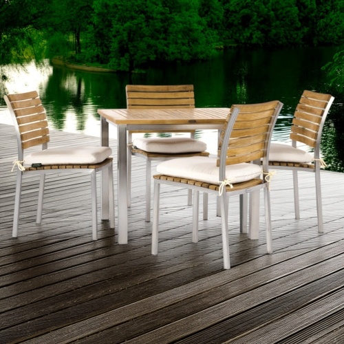 70443 Vogue 5 piece Bistro Square Dining Set of Vogue 36 inch Square Dining Table and 4 Side Chairs with optional canvas colored seat cushions on wood dock with river and trees in background 