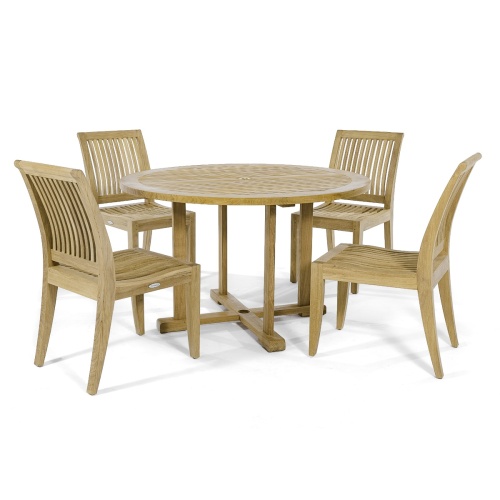 70482 Laguna 4 foot round teak Dining Set of a 4 foot round teak dining table and 4 teak side chairs side view on white background