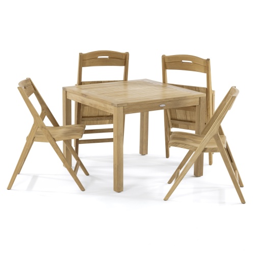70513 Surf teak 5 piece square Dining Set showing 2 side chairs folded closed leaning against 36 inch square dining table and 2 side chairs open on white background