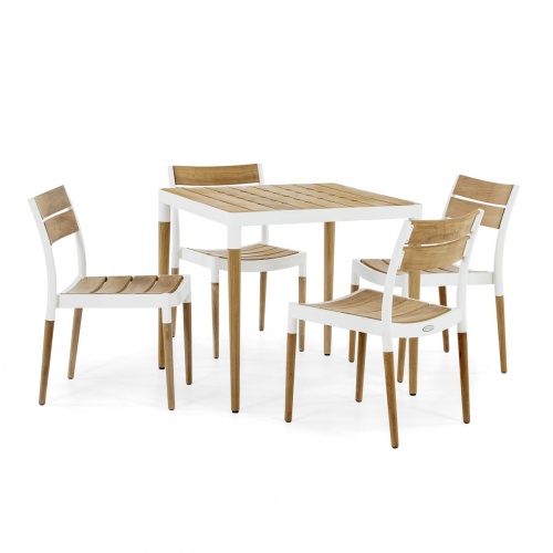 70751 Bloom 5 piece teak top Dining Set of 4 teak and white powder coated aluminum dining side chairs and 36 inch square teak top dining table on white background