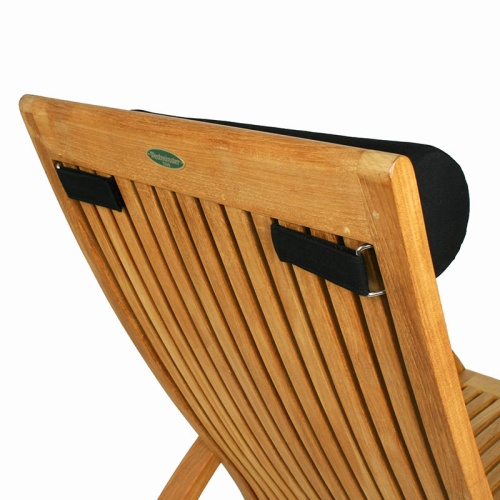 72360MTO Chair Neckroll Headrest Cushion on teak chair closeup view of chair back rear view on white background