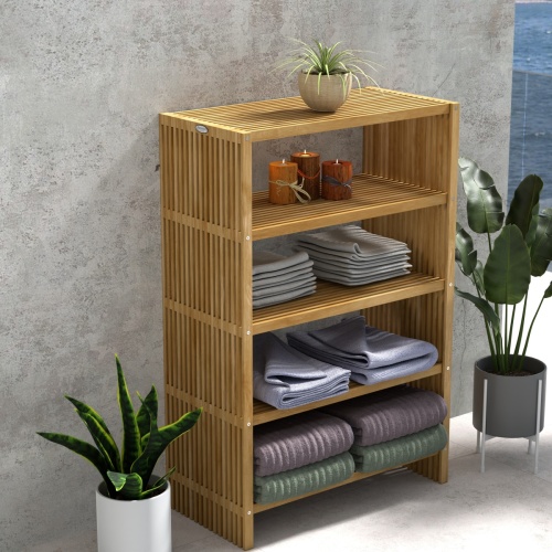 18221 Teak 48 inch Storage Shelf in angled aerial view between 2 potted plants against a wall with a potted plant on top of shelf and folded towels on the 3 lower shelves with ocean in back