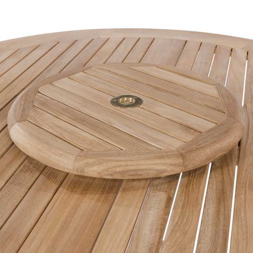 18700 teak lazy susan showing umbrella hole on teak table