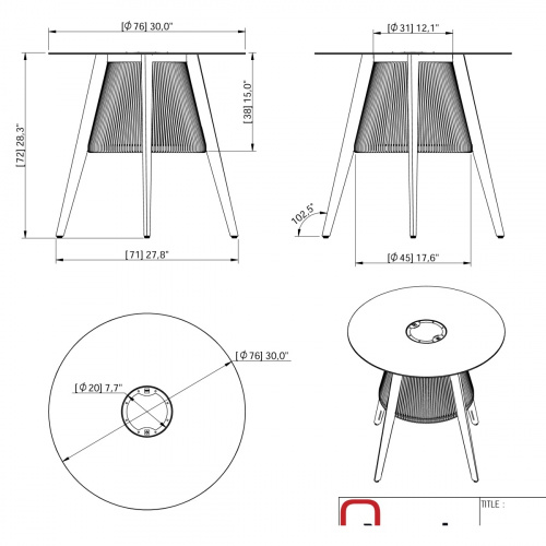 45103 Luna Small 30 inch round Table showing autocad in side views and angled side view and top view on white background