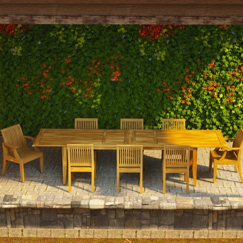 70809 Grand Laguna fifteen piece dining set angled on white background70123 Laguna 9 pc Teak Dining Set of Laguna 11 ft Rectangle Dining Table and 2 Dining Armchairs and 6 Side Chairs in side view on stone patio with flowering vines covering a wall in the