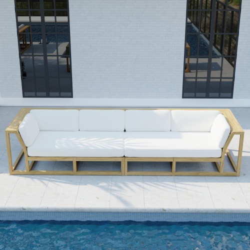 70278  Maya Grand Sofa Set of Maya Left and Right Side Sectional in aerial front view on a patio facing a pool and a house with 2 windows in the background