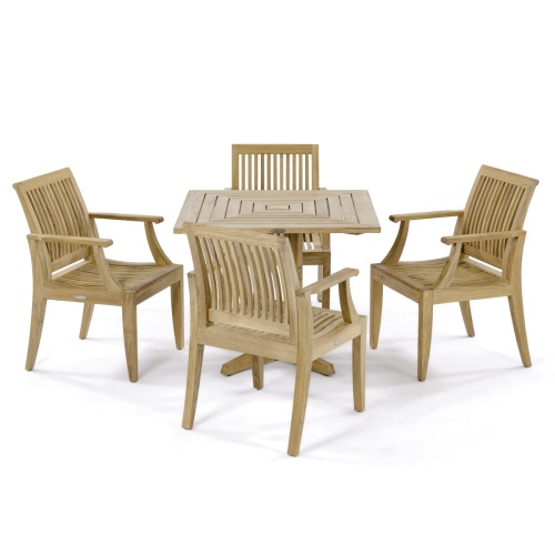 70417 Laguna Pyramid Teak 5 pc Dining Set of Pyramid 36 inch Square Table and 4 Laguna Dining Armchairs in side angled view on white background