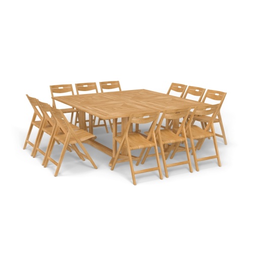 70458 Surf Pyramid Dining Set for 12 shown with 12 Surf Dining Chairs and 2 Pyramid Rectangular teak Dining Tables in angled top view on white background