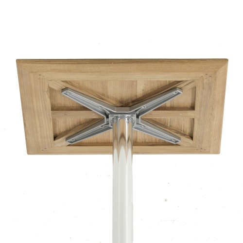 70712 Vogue teak and stainless steel 30 inch square Dining Table showing underside of table top attached to table base on white background