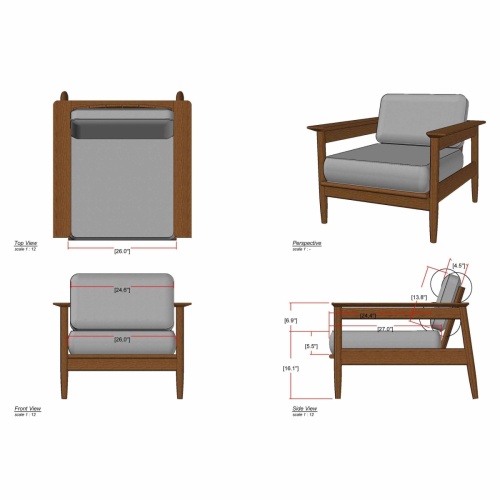 12159DP Fika teak Lounge Chair with cushions showing autocad of top and front and perspective and side views on white background