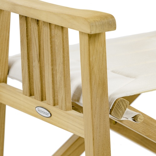 12568f Barbuda teak Directors Chair rear view closeup of Sunbrella fabric on white background 