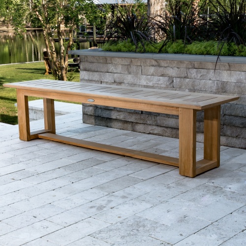  13909 Horizon teak 6 foot long Backless Bench angled view showing optional canvas color cushion on white background on white background