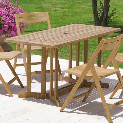15663S Nevis teak 5 foot long folding Dining Table angled view one side down on white background