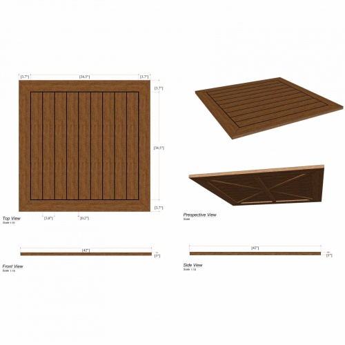 15764 Vogue 42 inch square table top close up view showing Sikaflex Sealant between teak slats 